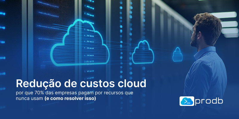Profissional de TI analisando infraestrutura de servidores com ícones de nuvem, ilustrando redução de custos cloud
