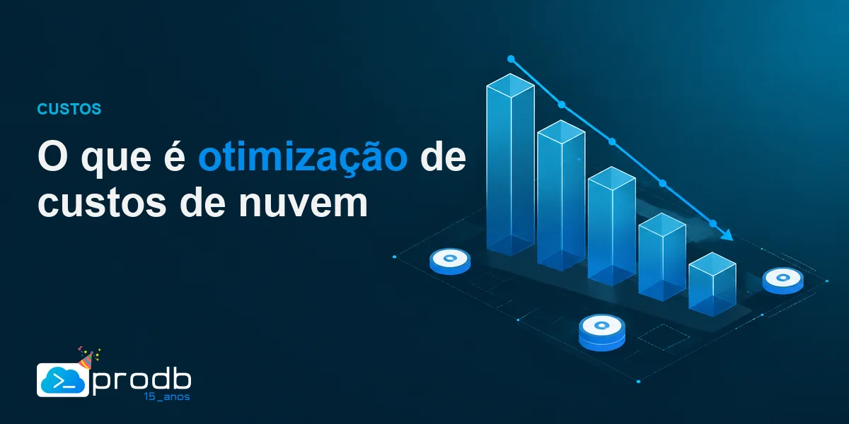 Ilustração de nuvem com engrenagens e gráfico de custos em queda, representando otimização de custos de nuvem